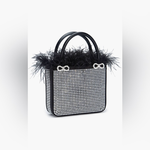 Mach & Mach Crystal & Feather Trim Satin Bag (Black) - Picture 4 of 13